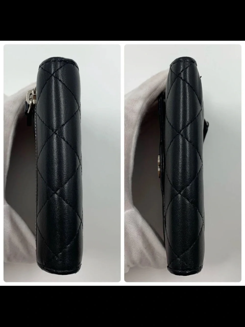 CHANEL Black Quilted Leather Compact Wallet with Silver CC Logo